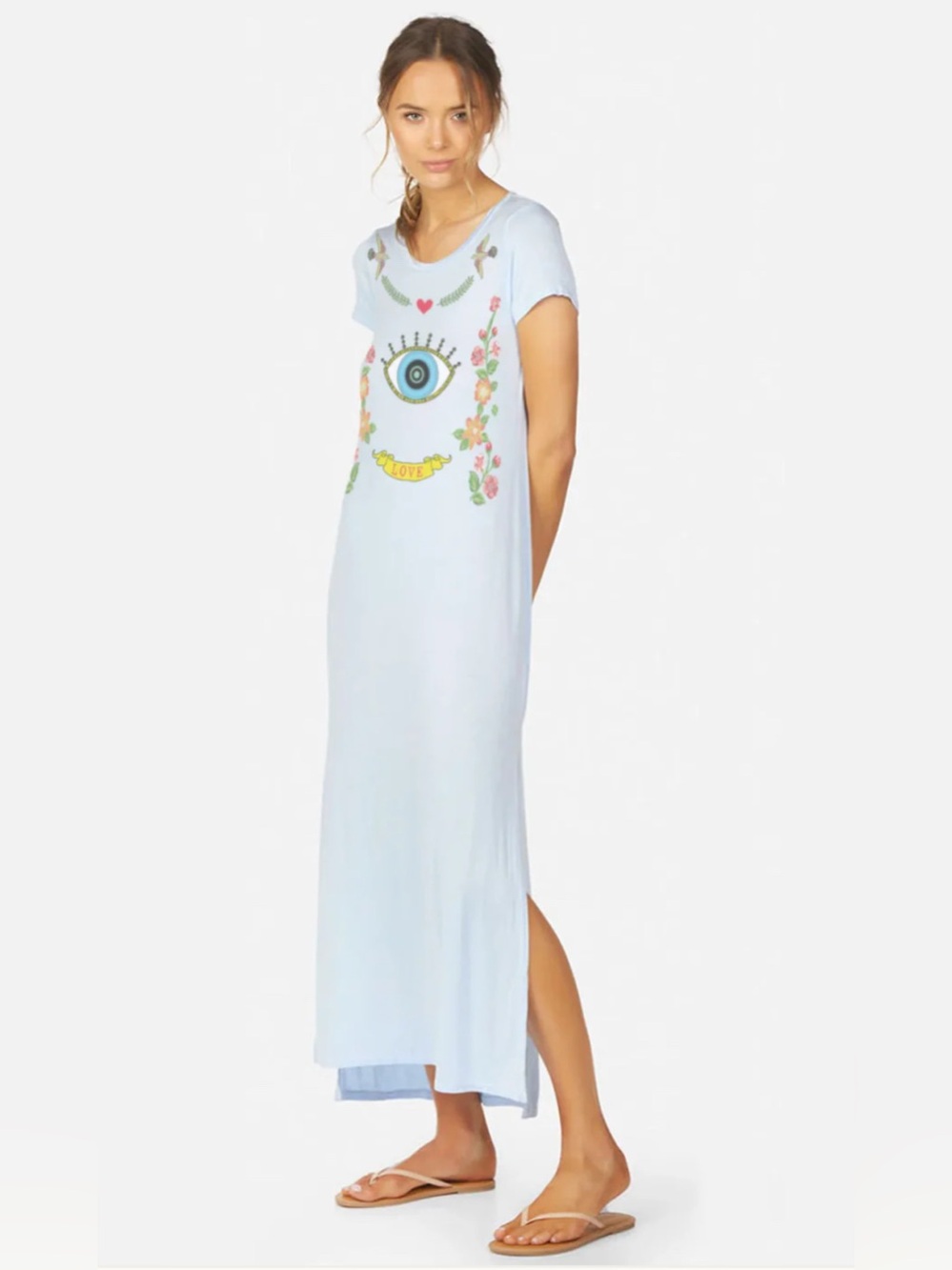 OMEGA X FLORAL EYE LOVE Lauren Moshi Light Blue Maxi T-Shirt Dress w/ Eye Motif